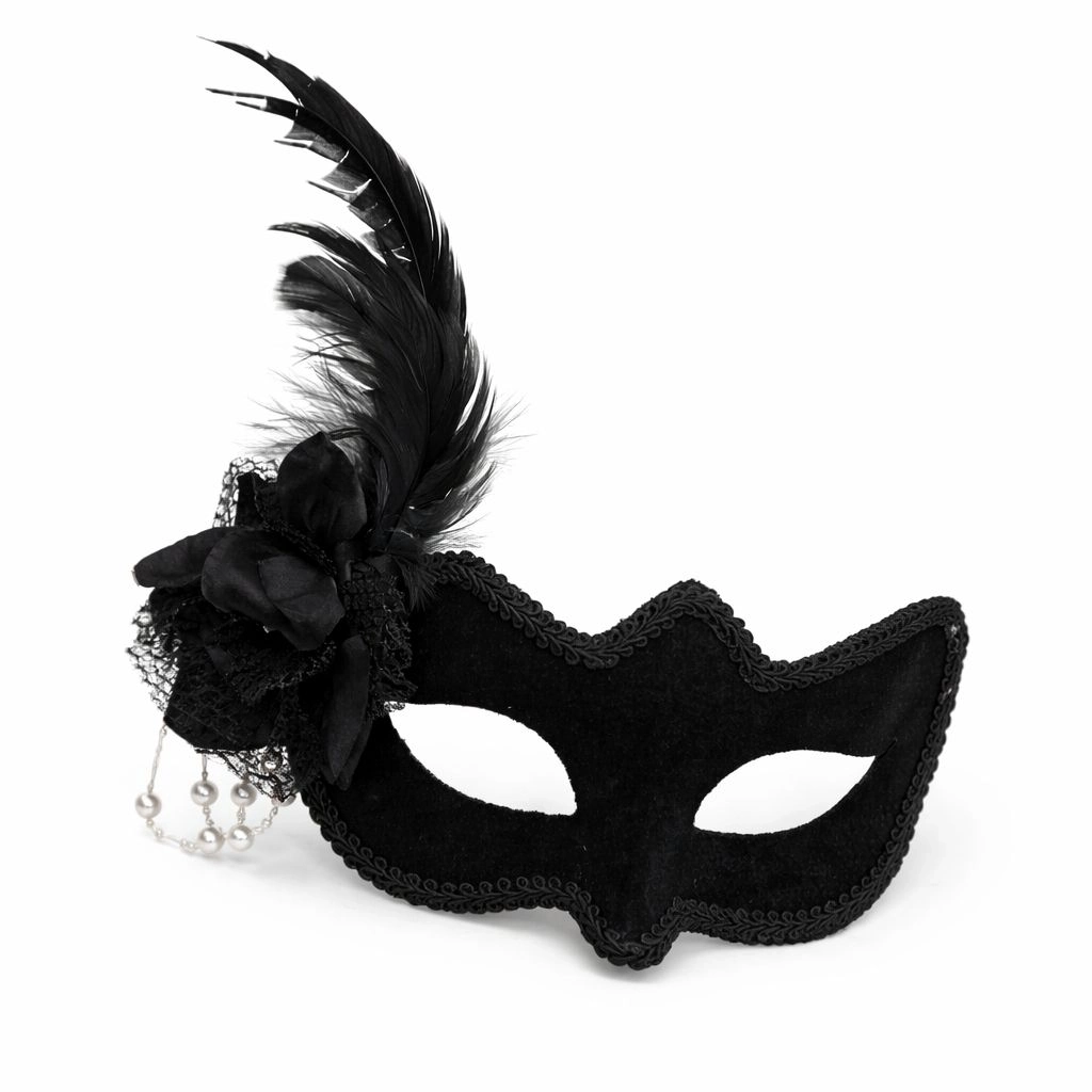 Beyaz İnci Detaylı Siyah Süet Venedik Kadın Maskesi Tüylü Güllü - Lisinya