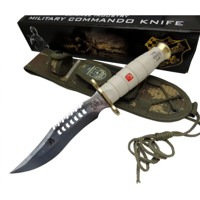 Beyaz Kurt Tırtıklı Oluklu Komando Bıçağı 30 Cm - Kamuflaj Kılıflı - Lisinya Beyaz Kurt Tırtıklı Oluklu Komando Bıçağı 30 Cm - Kamuflaj Kılıflı - Lisinya