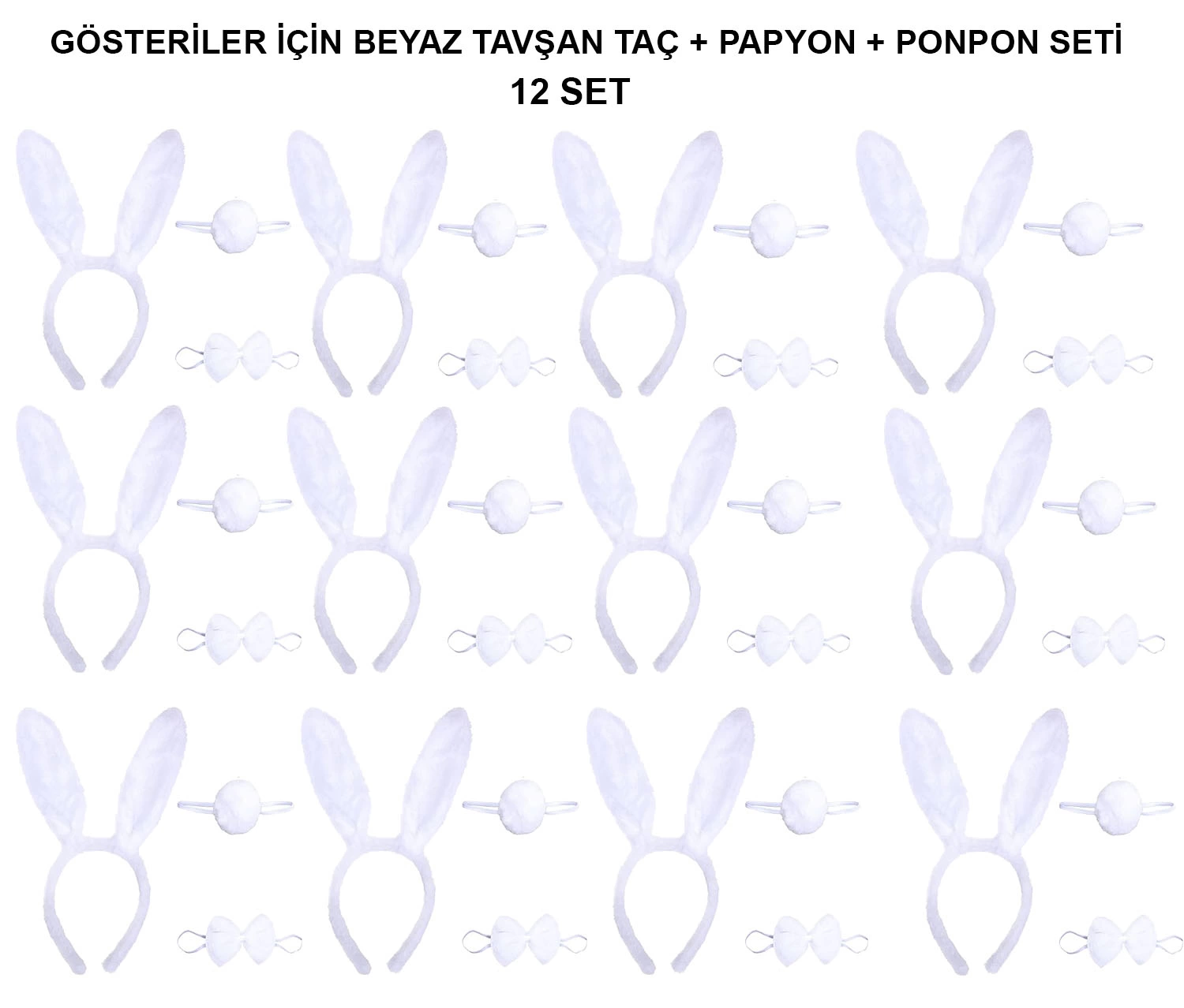 Beyaz Tavşan Kostüm Seti – Taç, Papyon, Kuyruk (12’li Paket) - Lisinya