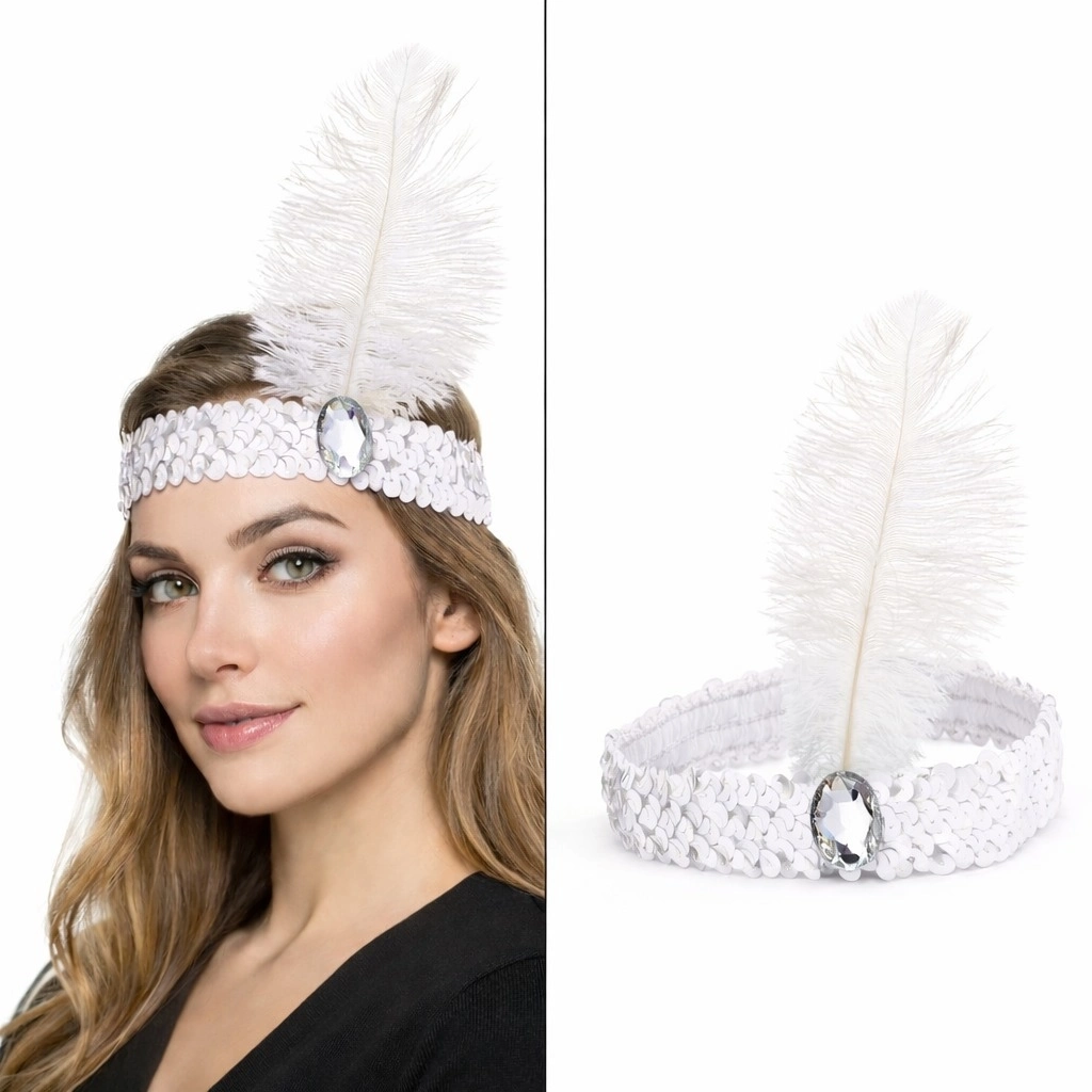 Beyaz Tüylü Retro Çarliston Saç Bandı - 70-80-90’lar Parti Tacı - Lisinya