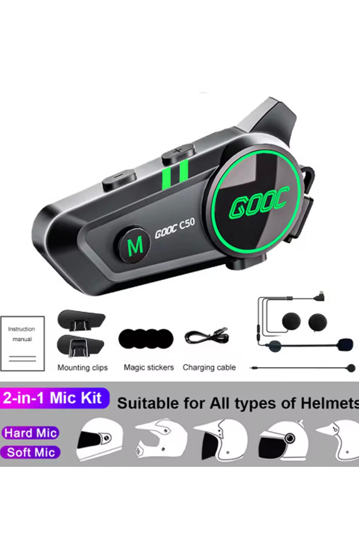 C50 2x Motosiklet Intercom Kask Kulaklık 1000 Mah Rgb Işıklı Çift Eşleşme - Lisinya