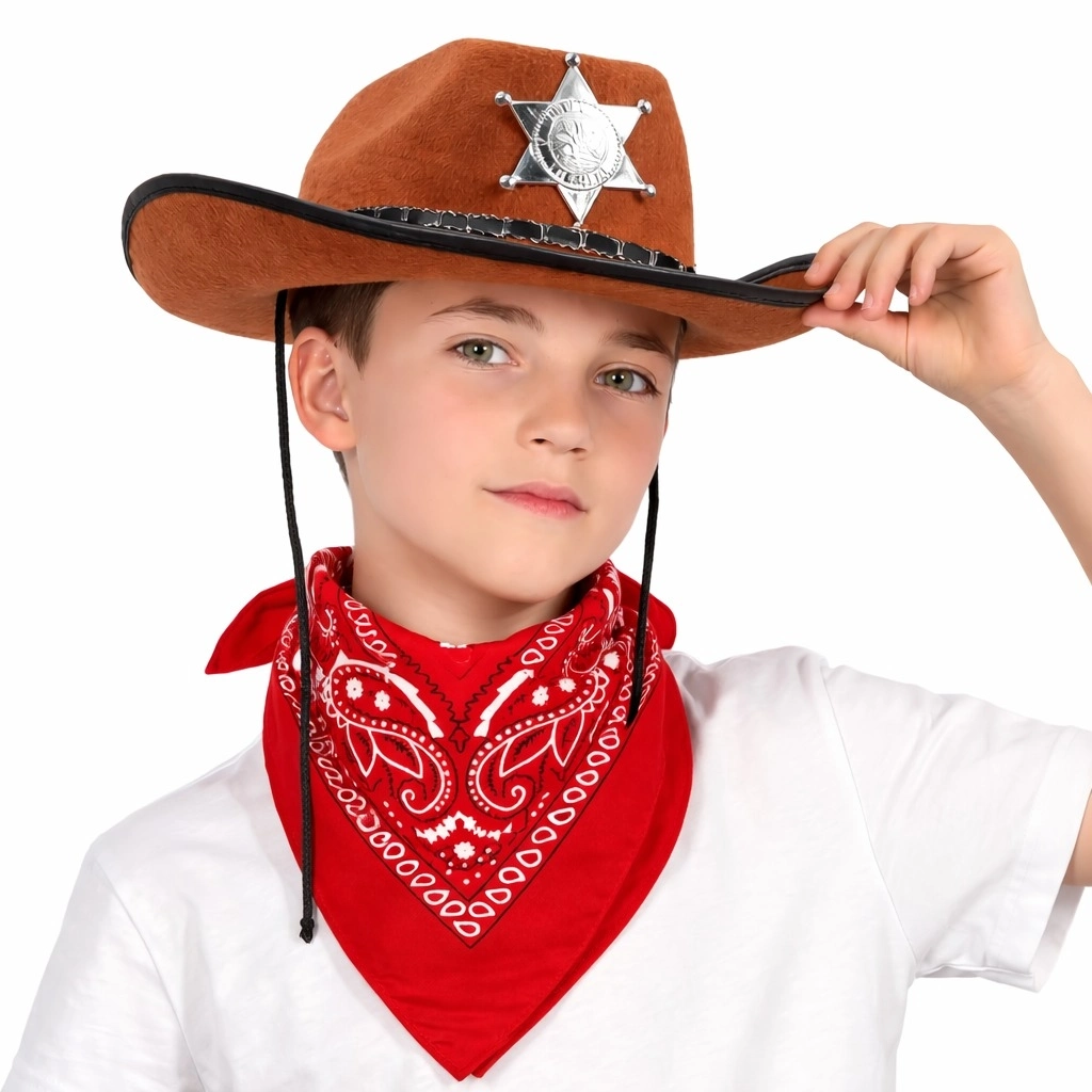 Çocuk Kovboy Şapka Rozetli Kahverengi  Kırmızı Bandana Seti - Lisinya