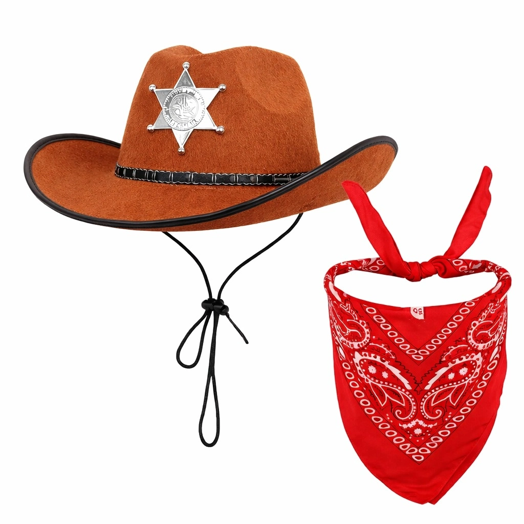 Çocuk Kovboy Şapka Rozetli Kahverengi Kırmızı Bandana Seti - Lisinya Çocuk Kovboy Şapka Rozetli Kahverengi Kırmızı Bandana Seti - Lisinya