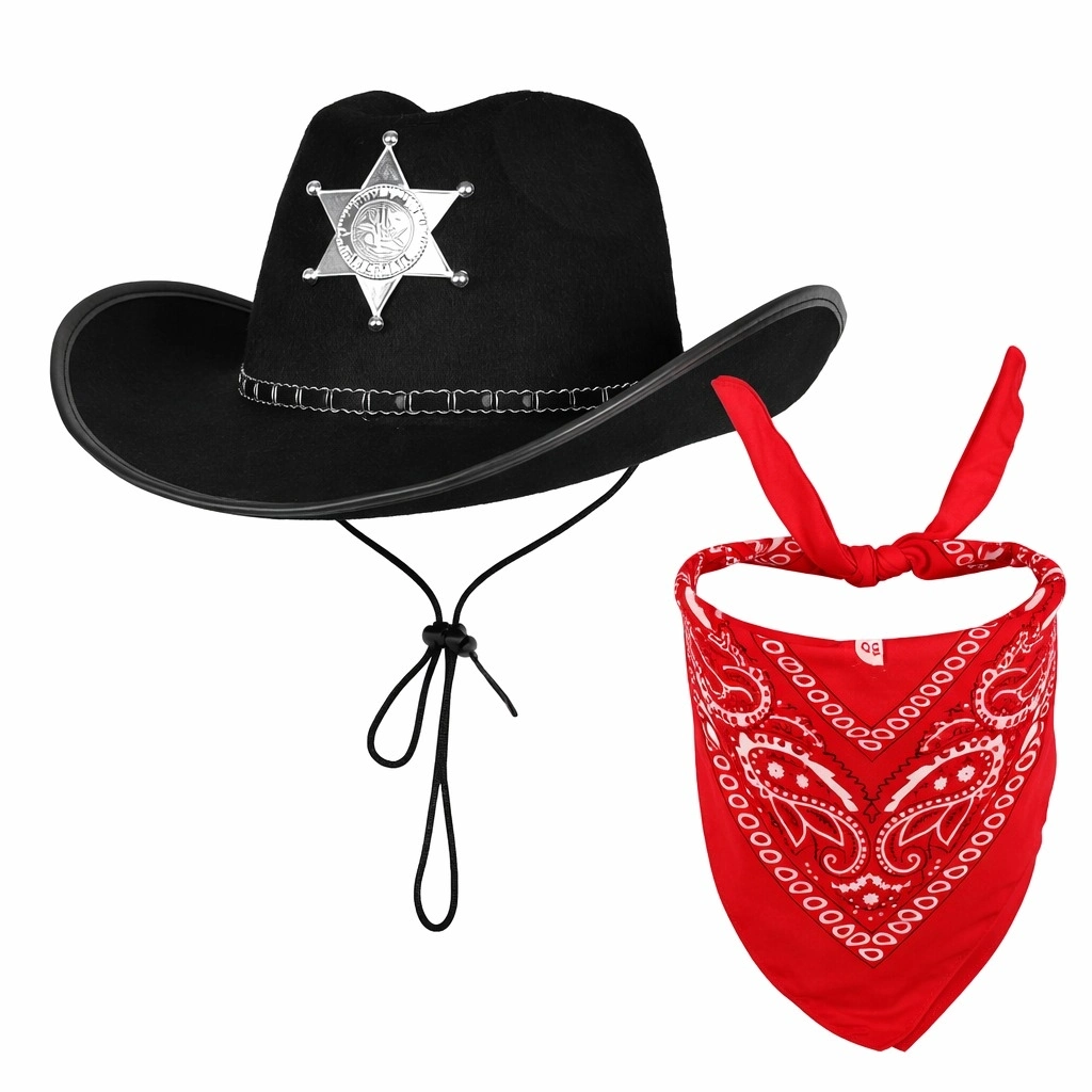 Çocuk Kovboy Şapka Rozetli Siyah Kırmızı Bandana Seti - Lisinya Çocuk Kovboy Şapka Rozetli Siyah Kırmızı Bandana Seti - Lisinya