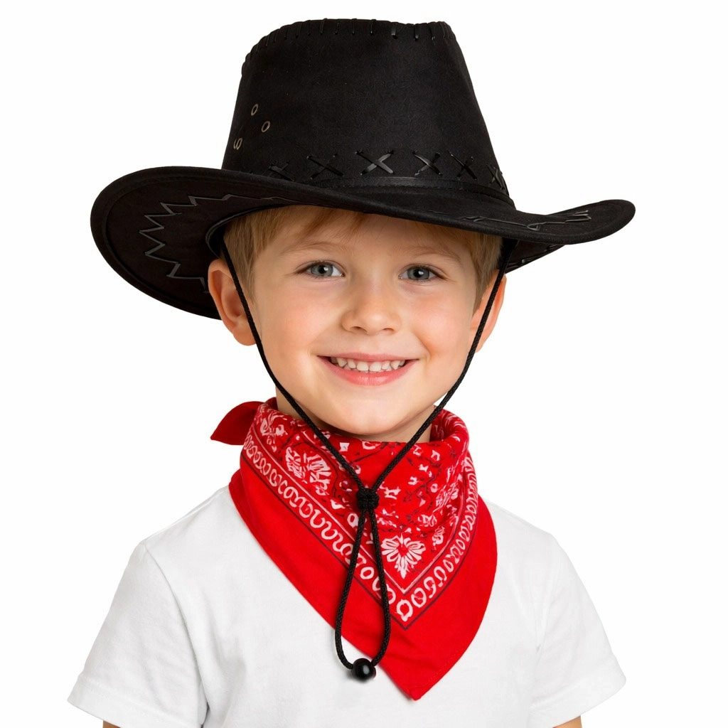 Çocuk Kovboy Şapka Siyah  Kırmızı Bandana Seti - Lisinya