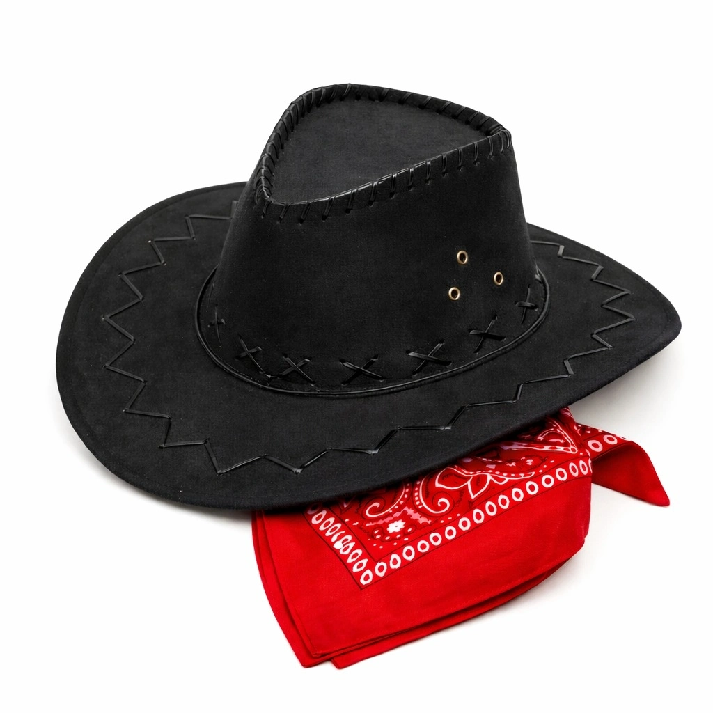 Çocuk Kovboy Şapka Siyah  Kırmızı Bandana Seti - Lisinya