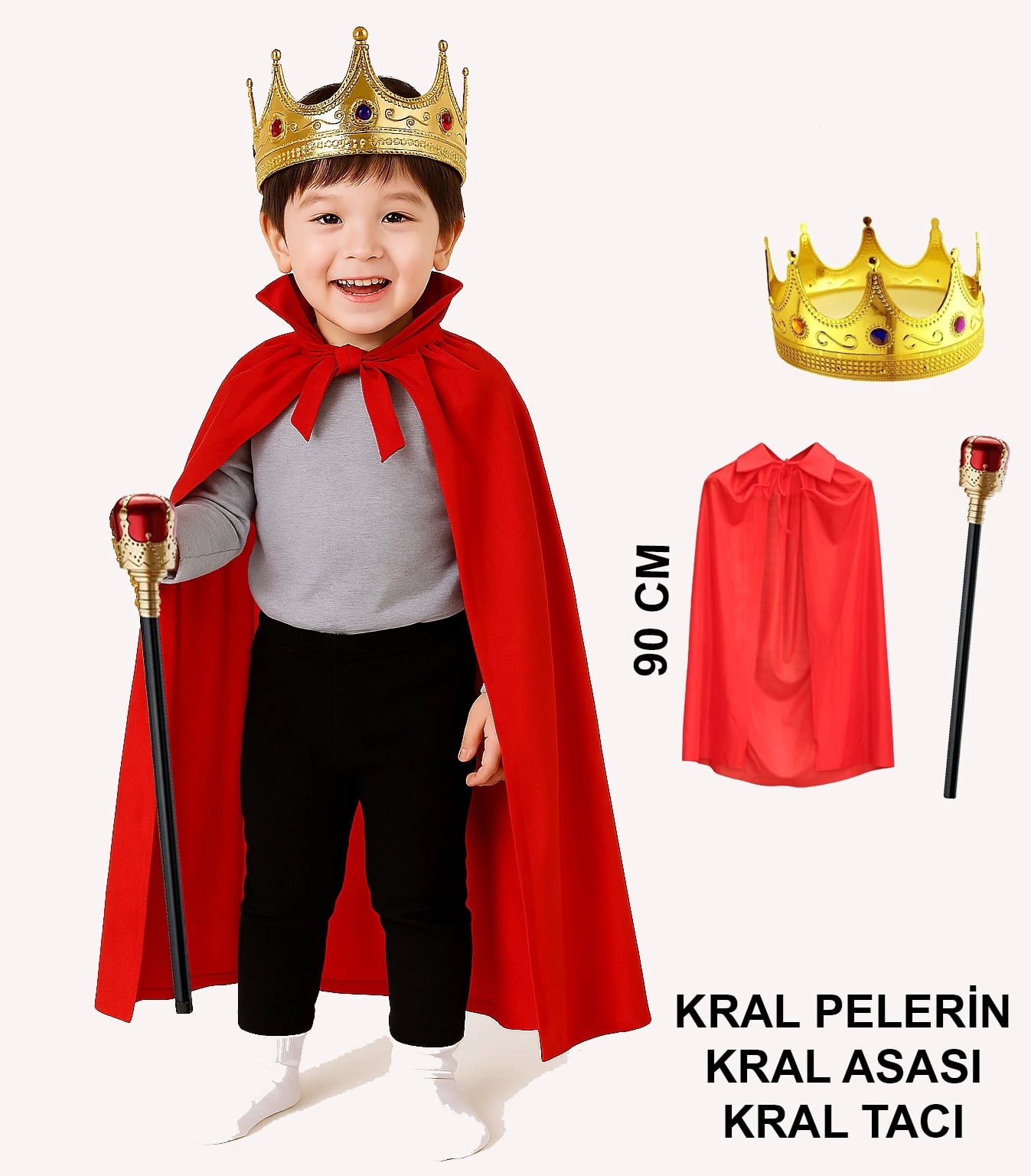 Çocuk Kral Kostüm Seti – Kırmızı Pelerin, Taç Ve Asa (90 Cm) - Lisinya Çocuk Kral Kostüm Seti – Kırmızı Pelerin, Taç Ve Asa (90 Cm) - Lisinya