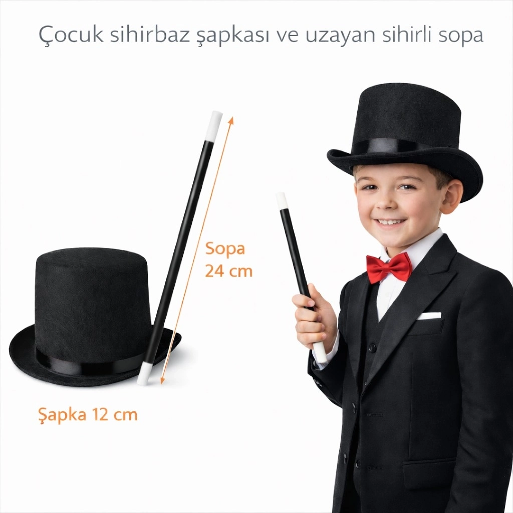 Çocuk Sihirbaz Şapkası Ve Uzayan Yaylı Sihirli Sopa Seti - Lisinya