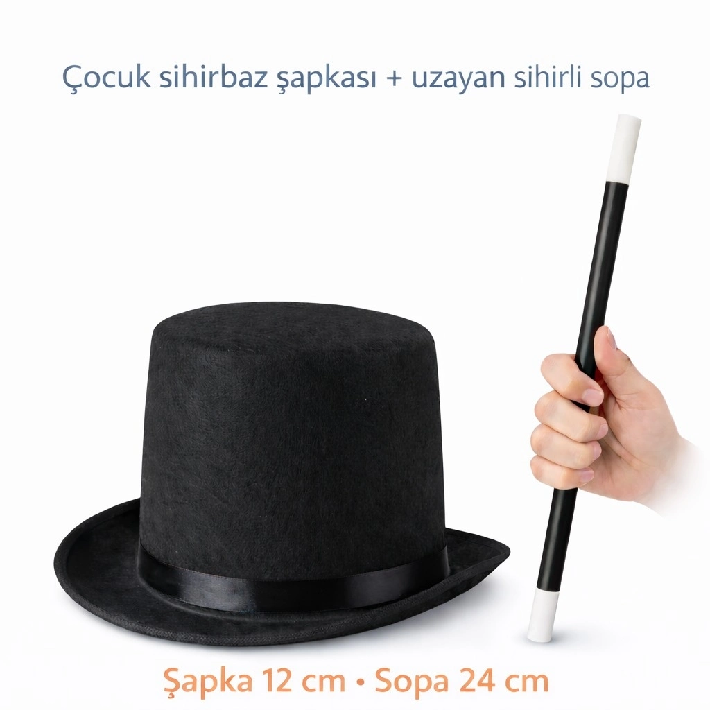 Çocuk Sihirbaz Şapkası Ve Uzayan Yaylı Sihirli Sopa Seti - Lisinya
