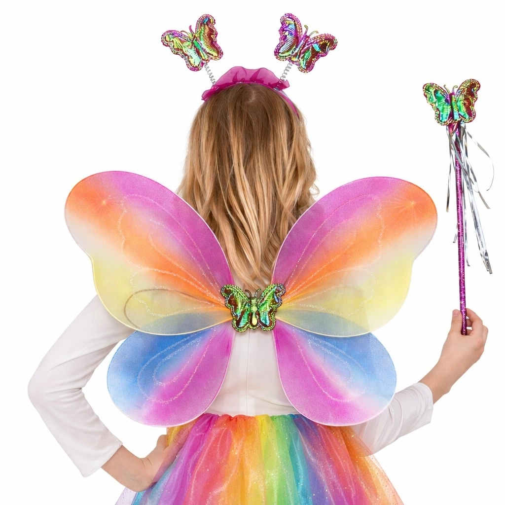 Çocuklar İçin Renkli Kelebek Kanat Taç Asa Kostüm Seti - Lisinya