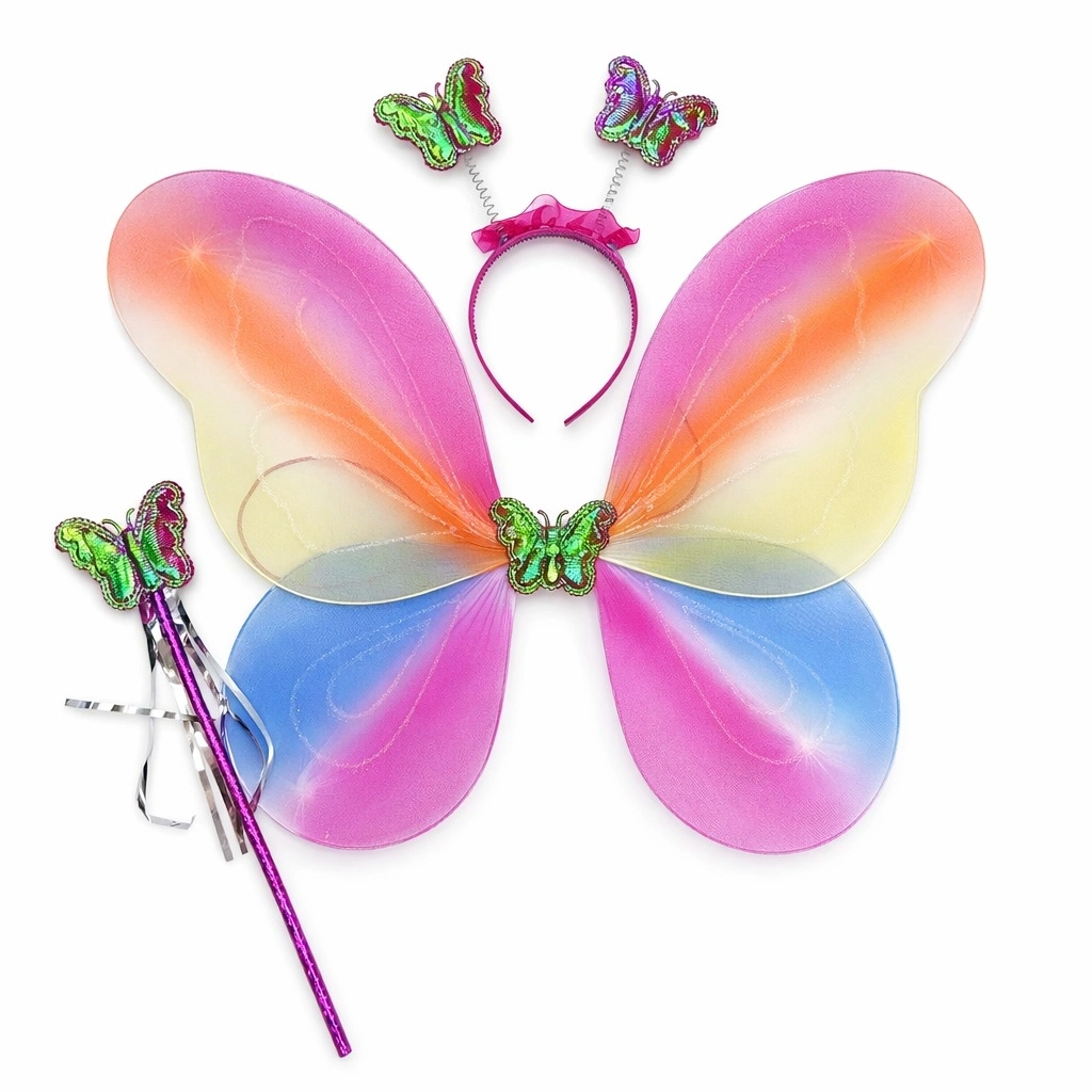 Çocuklar İçin Renkli Kelebek Kanat Taç Asa Kostüm Seti - Lisinya