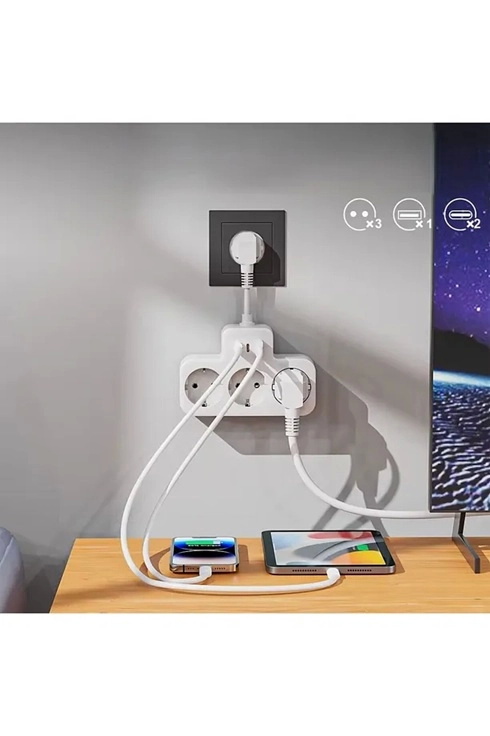 Çoklu Kablolu Priz Yüksek Gerilim Korumalı 3’lü Priz 1x Usb 2x Type-c Çıkışlı Grup Priz Çoğaltıcı Beyaz - Lisinya