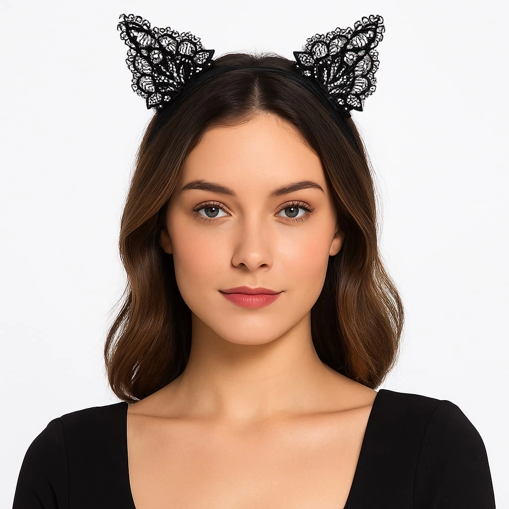 Dantelli Siyah Kedi Tacı - Vintage Tarz Dantel Kedi Kulak - Lisinya