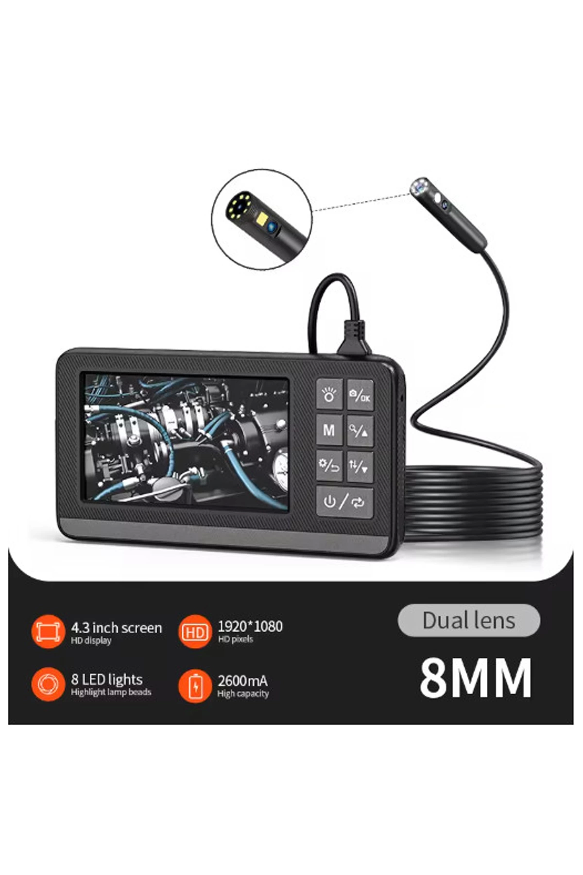 Ekranlı Çift Kameralı 5 Mt Sert Kablo Endoskop Kamera 8 Mm 4.3 Inc Hafıza Kart Destekli - Lisinya Ekranlı Çift Kameralı 5 Mt Sert Kablo Endoskop Kamera 8 Mm 4.3 Inc Hafıza Kart Destekli - Lisinya