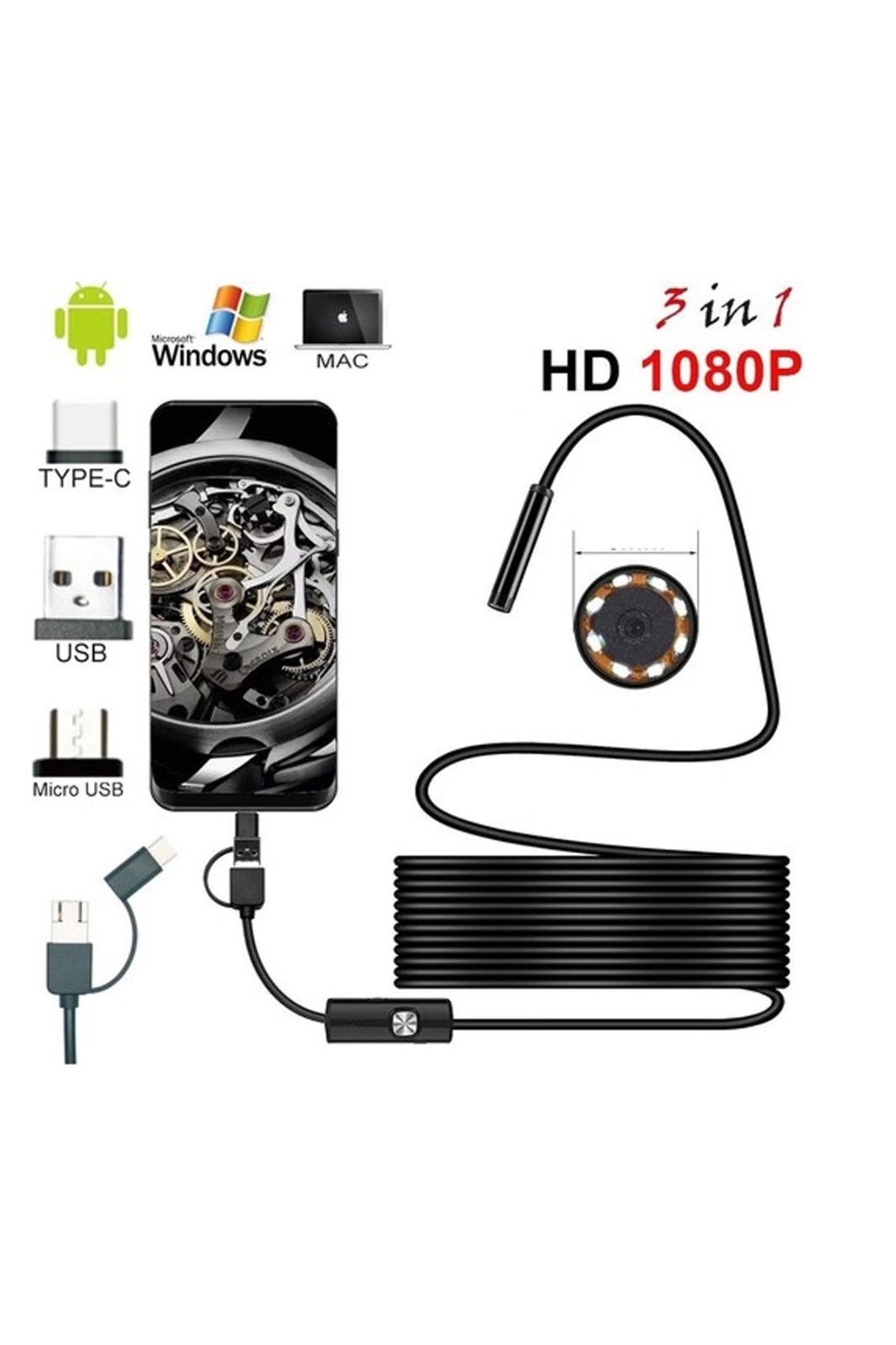 Endoskop 3 İn 1 Yılan Kamera Usb Micro Usb Type-c 20 Metre Sert Kablo - Lisinya Endoskop 3 İn 1 Yılan Kamera Usb Micro Usb Type-c 20 Metre Sert Kablo - Lisinya