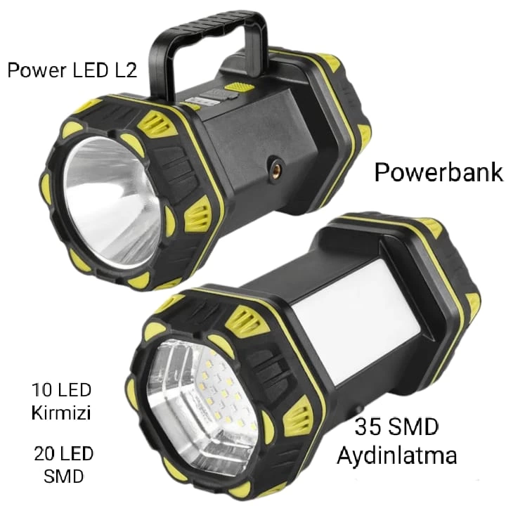 F-262 Yeni Güçlü Çift Taraflı Taşınabilir Spot Ve Işıldak Usb Powerbank Şarjlı Fener - Lisinya