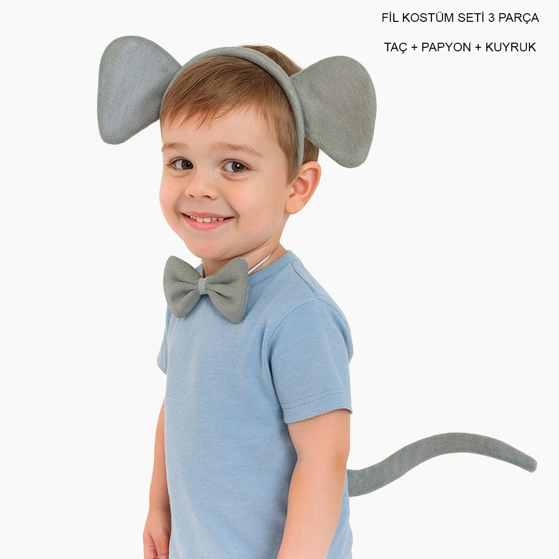 Fil Kostümü Aksesuar Seti 3 Lü - Taç Papyon Kuyruk - Lisinya