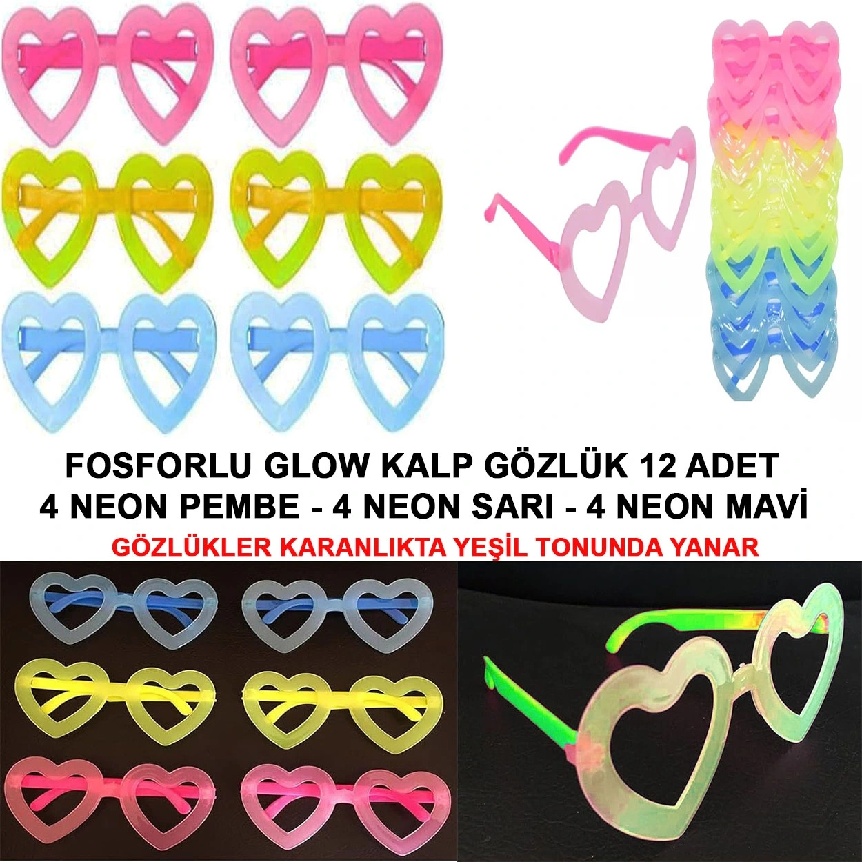 Fosforlu Kalp Model Glow Parti Gözlüğü Karanlıkta Yanan Gözlükler 12 Adet - Lisinya
