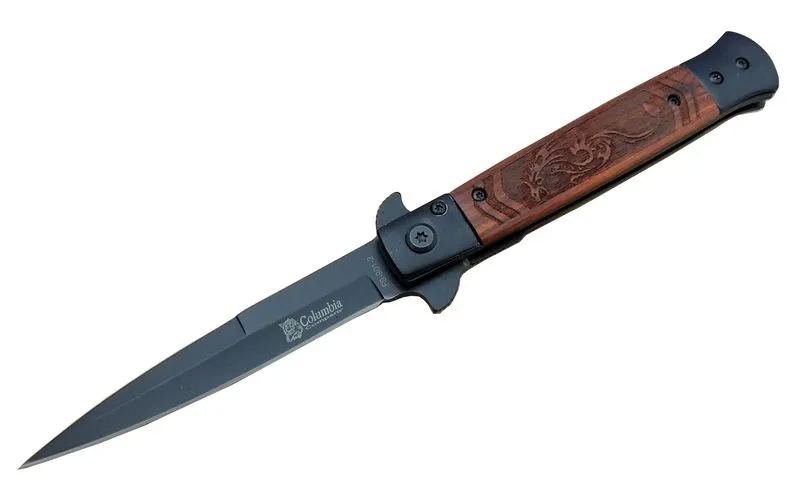Fs 902 Siyah Kamp Çakı 23cm- Yarı Otomatik, Ejderha Motifli Ahşap Sap, Kemerlikli - Lisinya Fs 902 Siyah Kamp Çakı 23cm- Yarı Otomatik, Ejderha Motifli Ahşap Sap, Kemerlikli - Lisinya