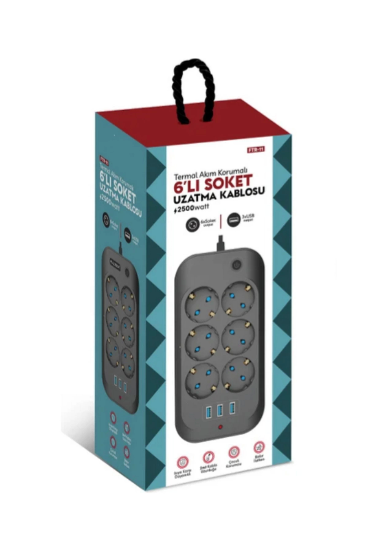 Termal Akım Korumalı, Çocuk Korumalı, 6’lı 2 Mt Uzatma Kablosu 6 X Priz, 3 X Usb - Lisinya