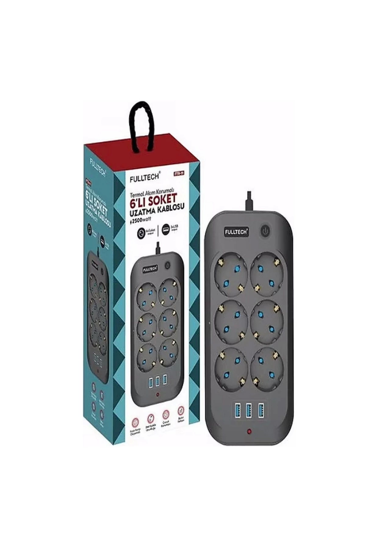 Termal Akım Korumalı, Çocuk Korumalı, 6’lı 2 Mt Uzatma Kablosu 6 X Priz, 3 X Usb - Lisinya