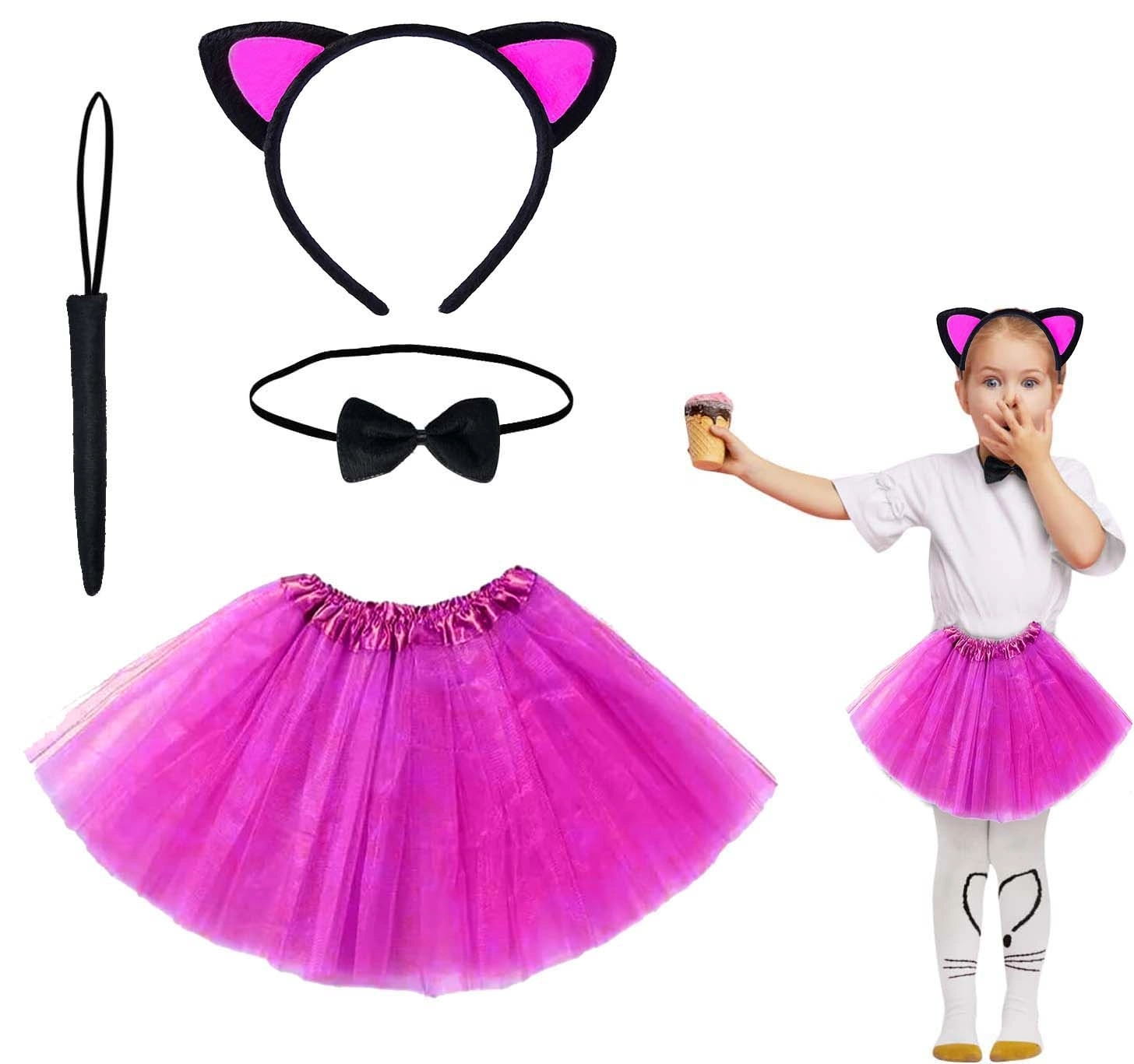 Fuşya Renk Etekli Kedi Kostüm Seti (tütü, Taç, Papyon, Kuyruk) - Lisinya
