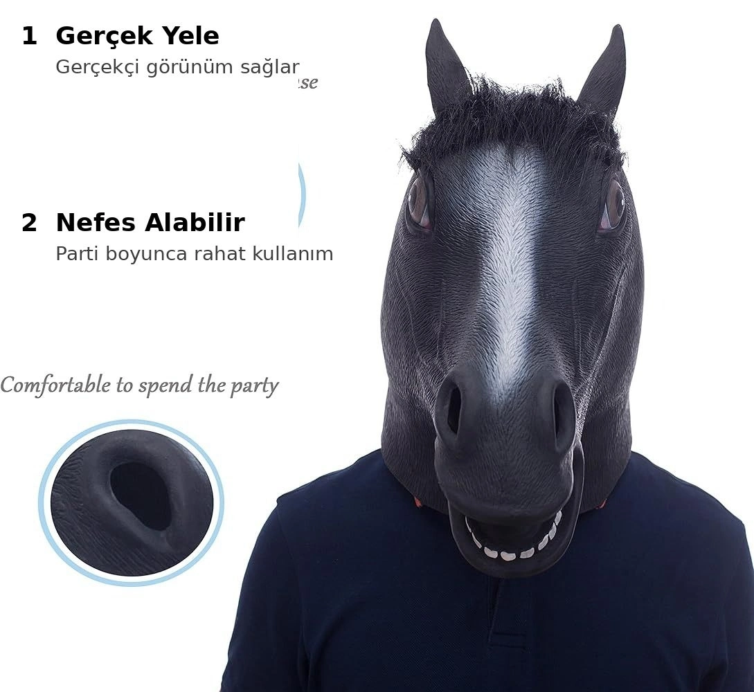 Gerçekçi At Kafası Maskesi Siyah Renk - Lisinya