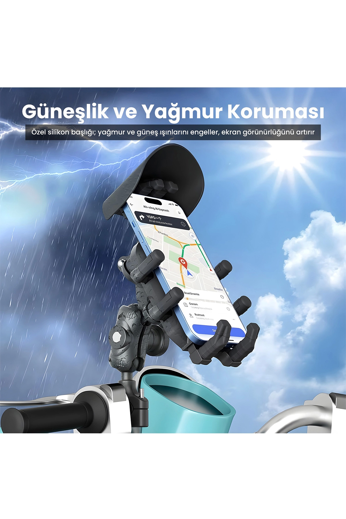 Gidon Bağlantılı Güneş Ve Yağmur Korumalı 360° Derece Ayarlanabilir Motosiklet Bisiklet Telefon Tutucu - Lisinya Gidon Bağlantılı Güneş Ve Yağmur Korumalı 360° Derece Ayarlanabilir Motosiklet Bisiklet Telefon Tutucu - Lisinya