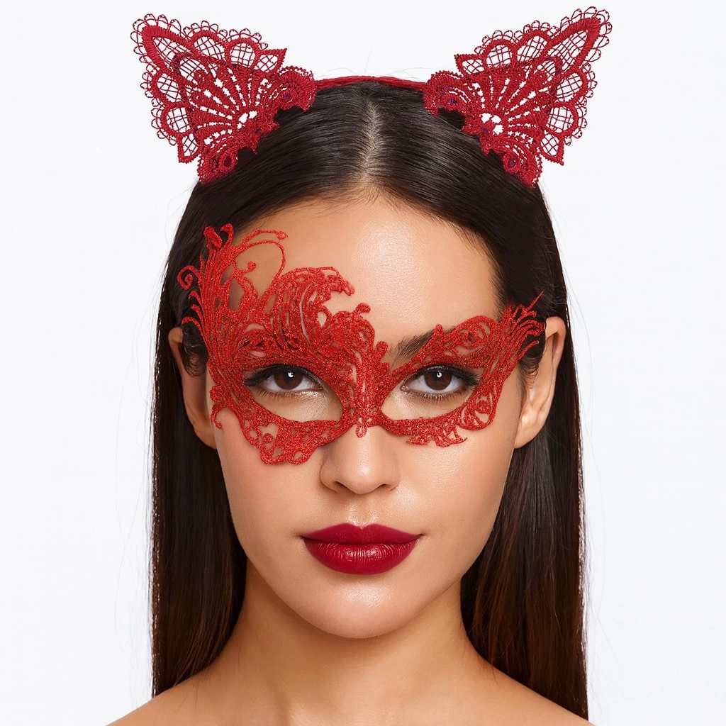 Gizemli Kırmızı Dantel Maske Ve Taç Seti 1 No - Kostüm Seti - Lisinya