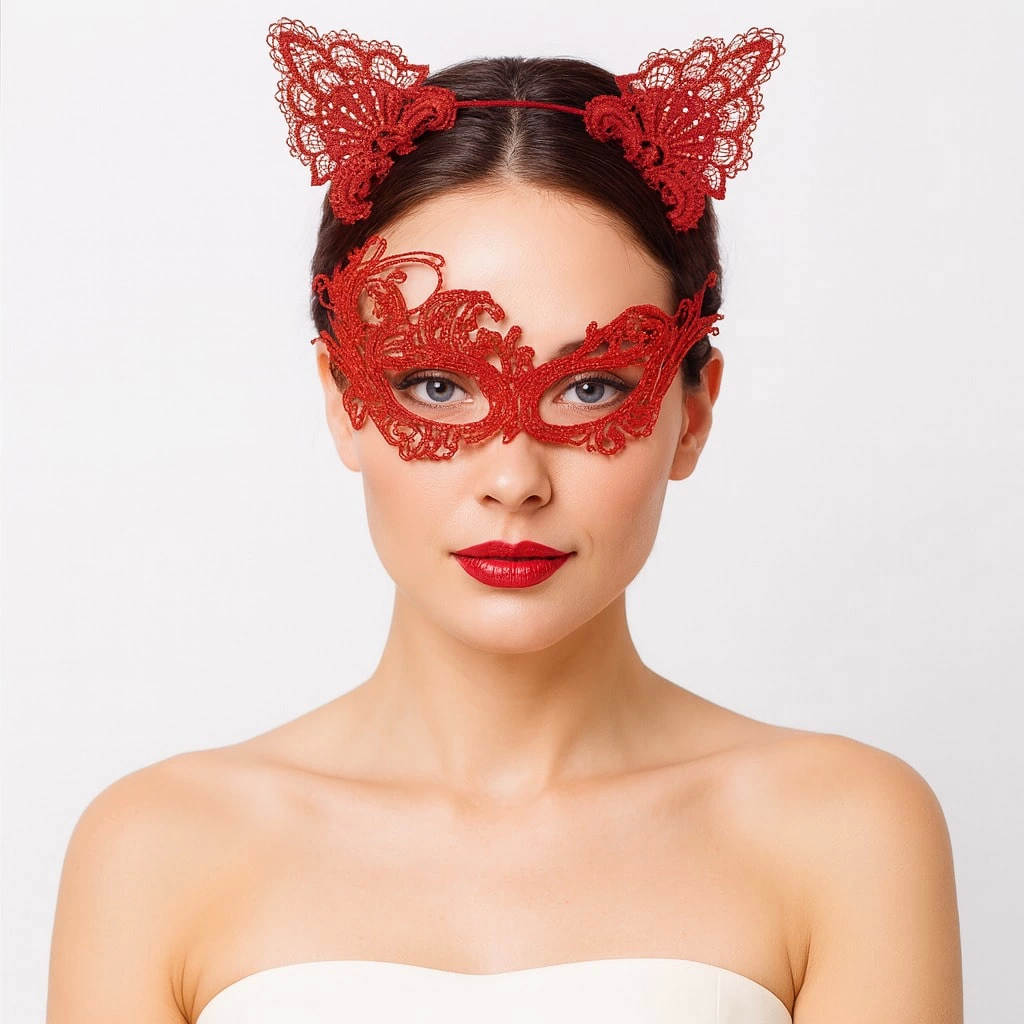 Gizemli Kırmızı Dantel Maske Ve Taç Seti 1 No - Kostüm Seti - Lisinya