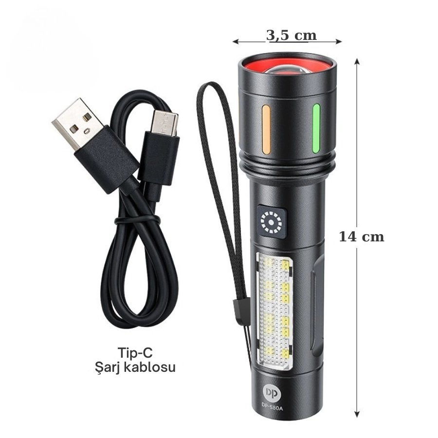 Gold Police Gp-212 Şarjlı Metal El Feneri | 1000 Lümen Polis Feneri Çakarlı - Lisinya