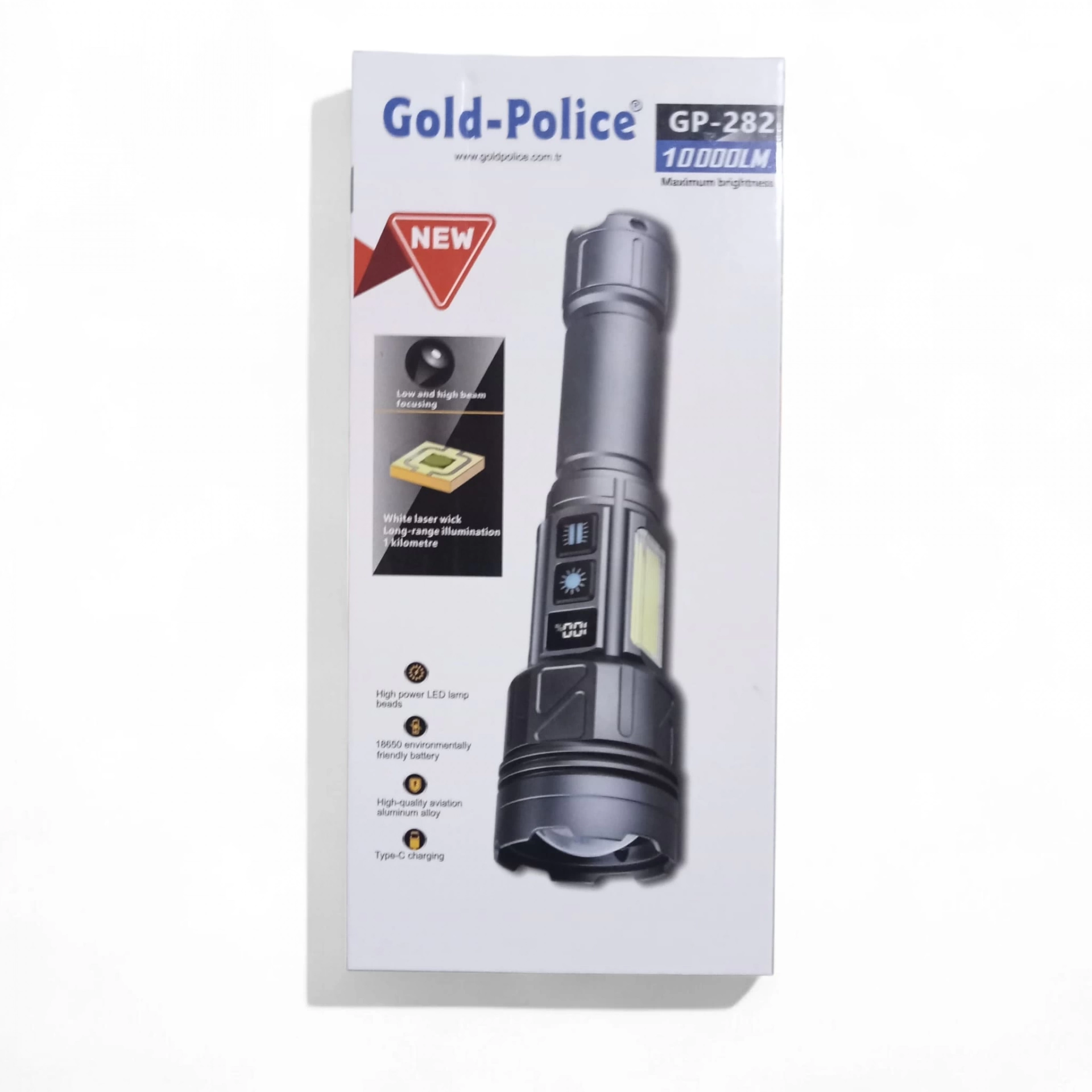 Gold-police Gp-282 Uzun Menzilli Güçlü Şarjlı 10000 Lümen El Feneri 11 Mod Çakar Işıklı Kırmızı-mavi-yeşil Led - Lisinya