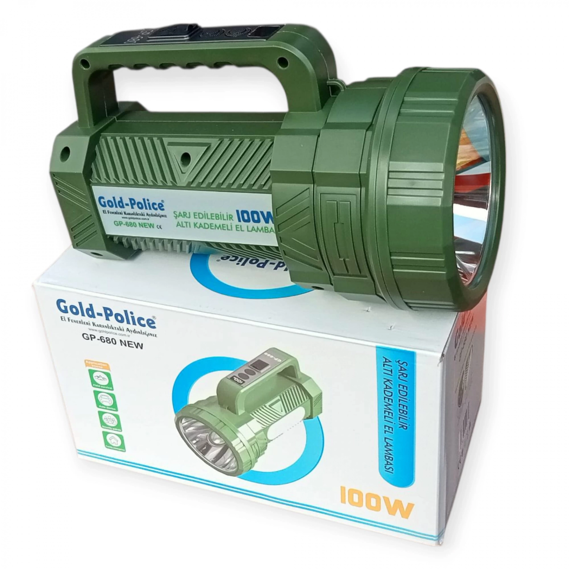 Gold Police Gp-680 Şarjlı El Feneri Projektör 100 Watt - Lisinya Gold Police Gp-680 Şarjlı El Feneri Projektör 100 Watt - Lisinya