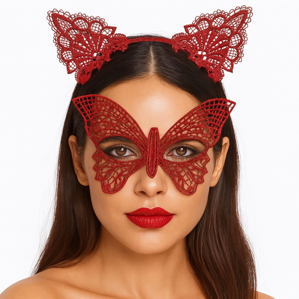 Gösterişli Kırmızı Dantel Maske Ve Taç Seti 7 No – Masquerade Ve Davetler İçin - Lisinya