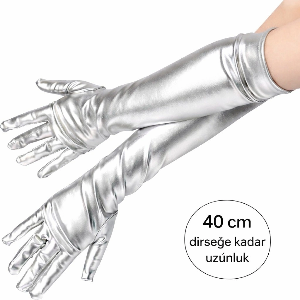 Gümüş Renk Dirsek Altı Lüks Saten Eldiven 40 Cm - Lisinya