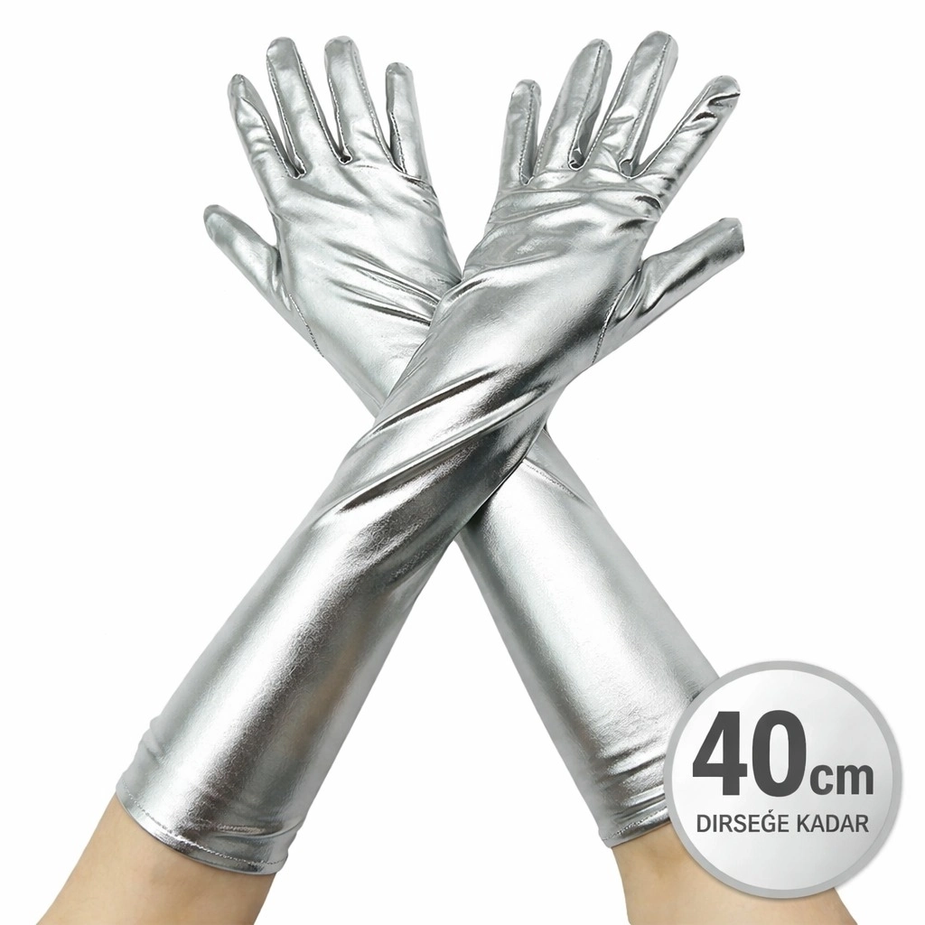 Gümüş Renk Dirsek Altı Lüks Saten Eldiven 40 Cm - Lisinya
