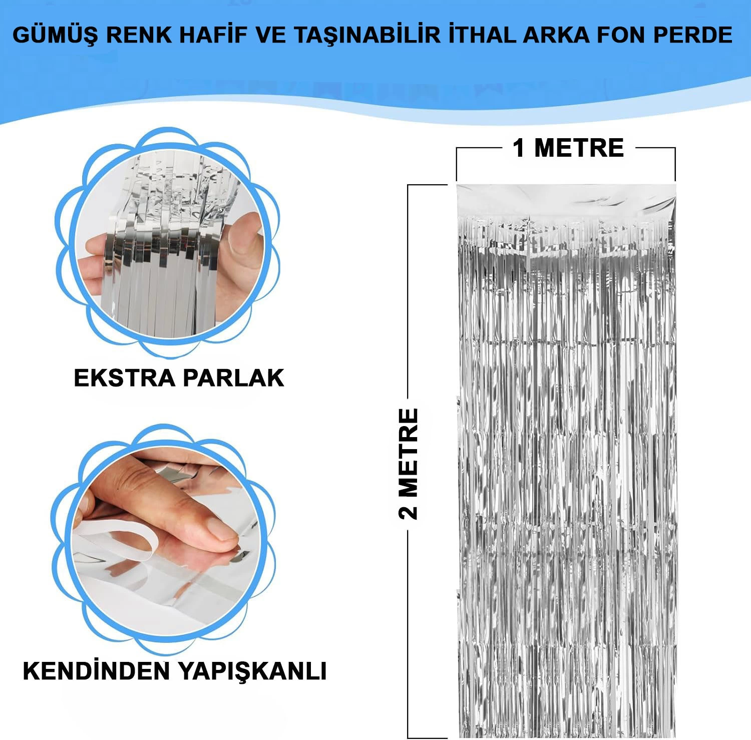 Gümüş Renk Ekstra Metalize Parlak Saçaklı Arka Fon Perde İthal A Kalite 1x2 Metre - Lisinya Gümüş Renk Ekstra Metalize Parlak Saçaklı Arka Fon Perde İthal A Kalite 1x2 Metre - Lisinya