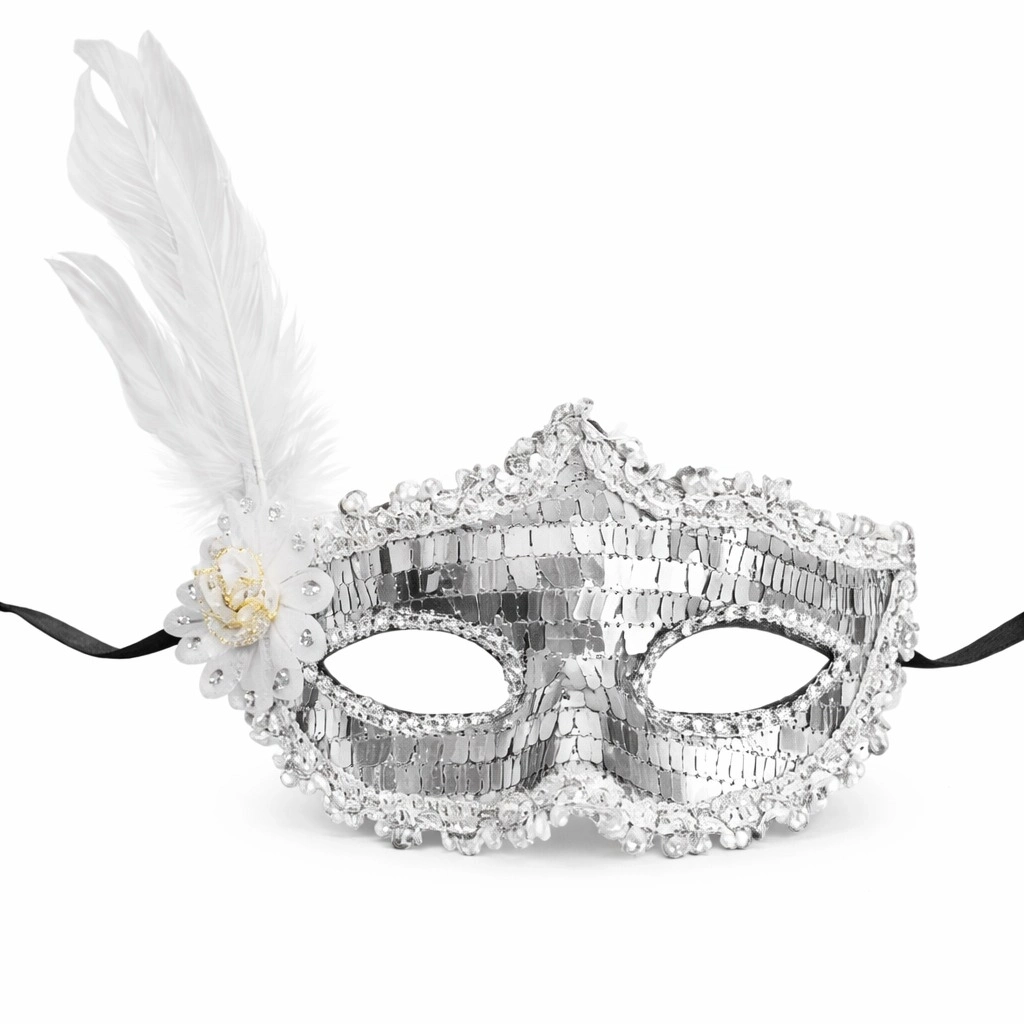 Gümüş Tüylü Payetli Lüks Taşlı Parti Maskesi - Lisinya