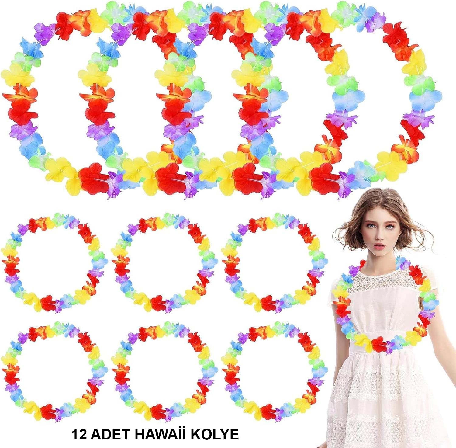 Hawaii Çiçekli Boyun Kolyesi - Renkli Tropikal Parti Leisi 12 Adet - Lisinya
