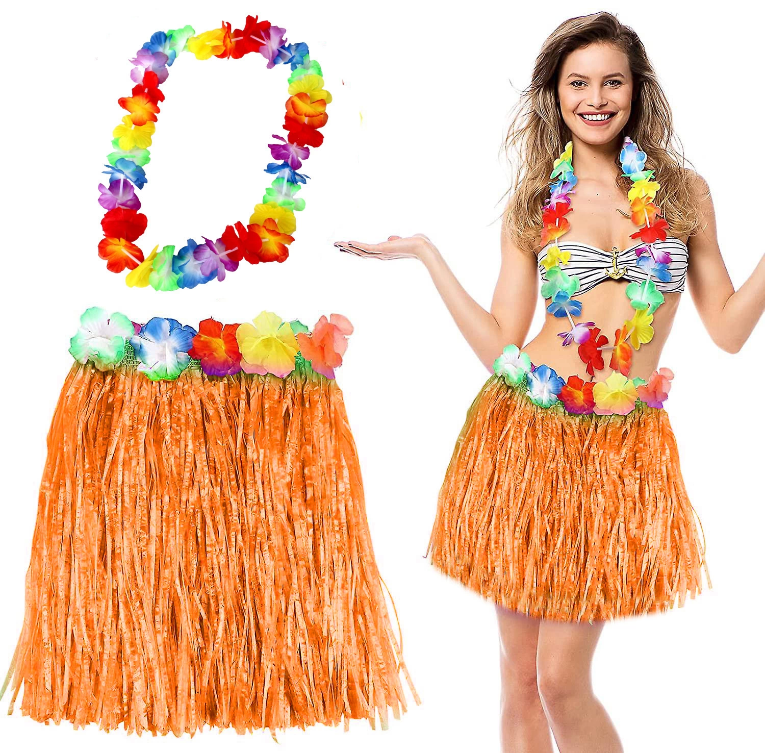 Hawaii Luau Aloha Turuncu Püsküllü 40 Cm Etek Ve Hawaii Kolye Seti - Lisinya