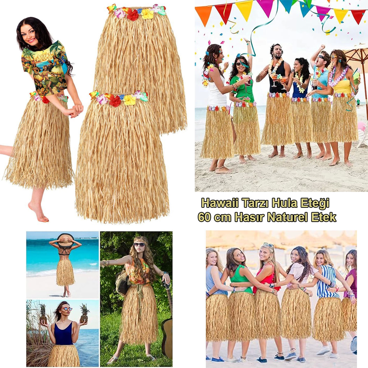 Hawaii Tarzı Hula Eteği – 60 Cm Hasır Naturel Etek - Lisinya