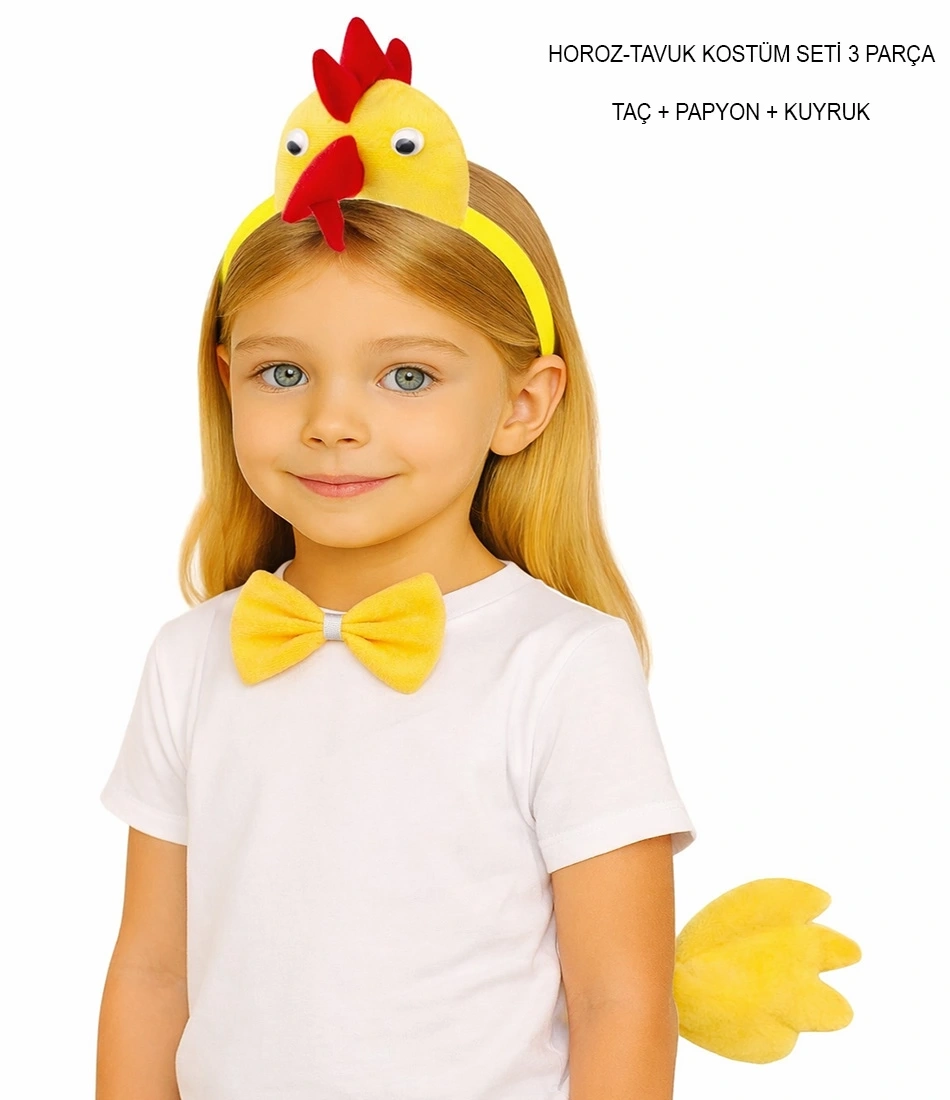Horoz – Tavuk Kostüm Aksesuar Seti - Taç Papyon Kuyruk - Lisinya