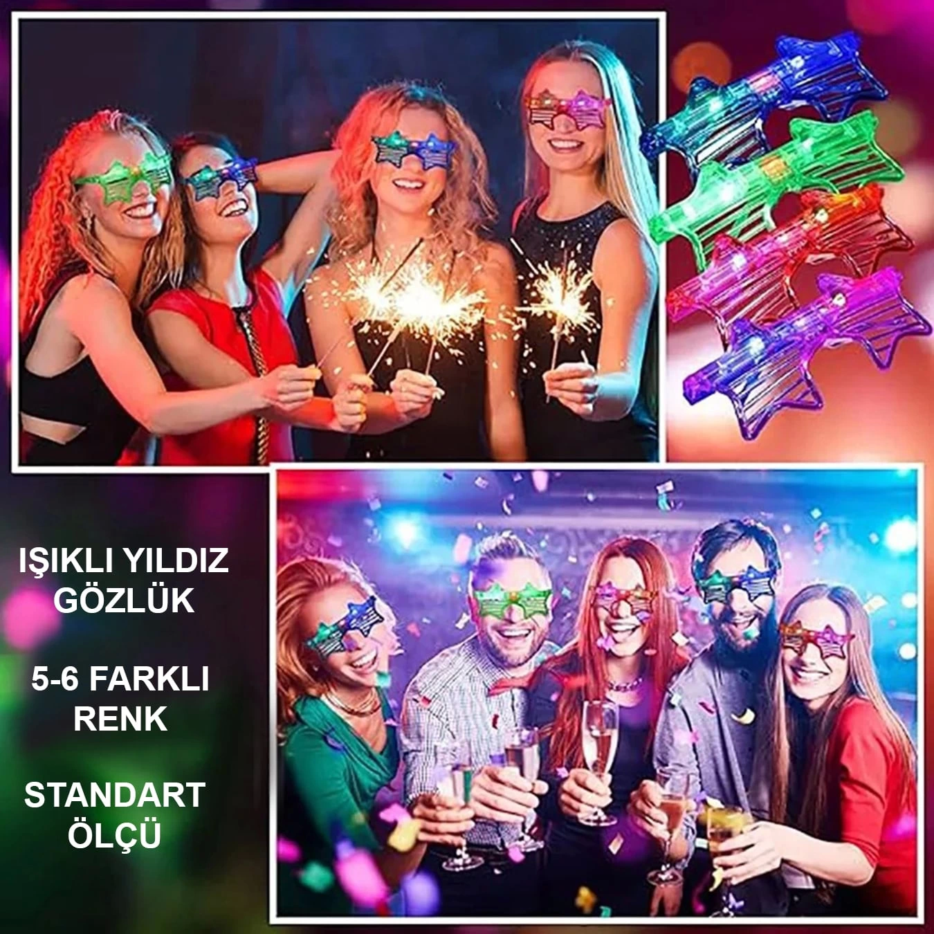 Işıklı Yıldız Gözlük Ledli Parti Gözlüğü 6 Renk 12 Adet - Lisinya Işıklı Yıldız Gözlük Ledli Parti Gözlüğü 6 Renk 12 Adet - Lisinya