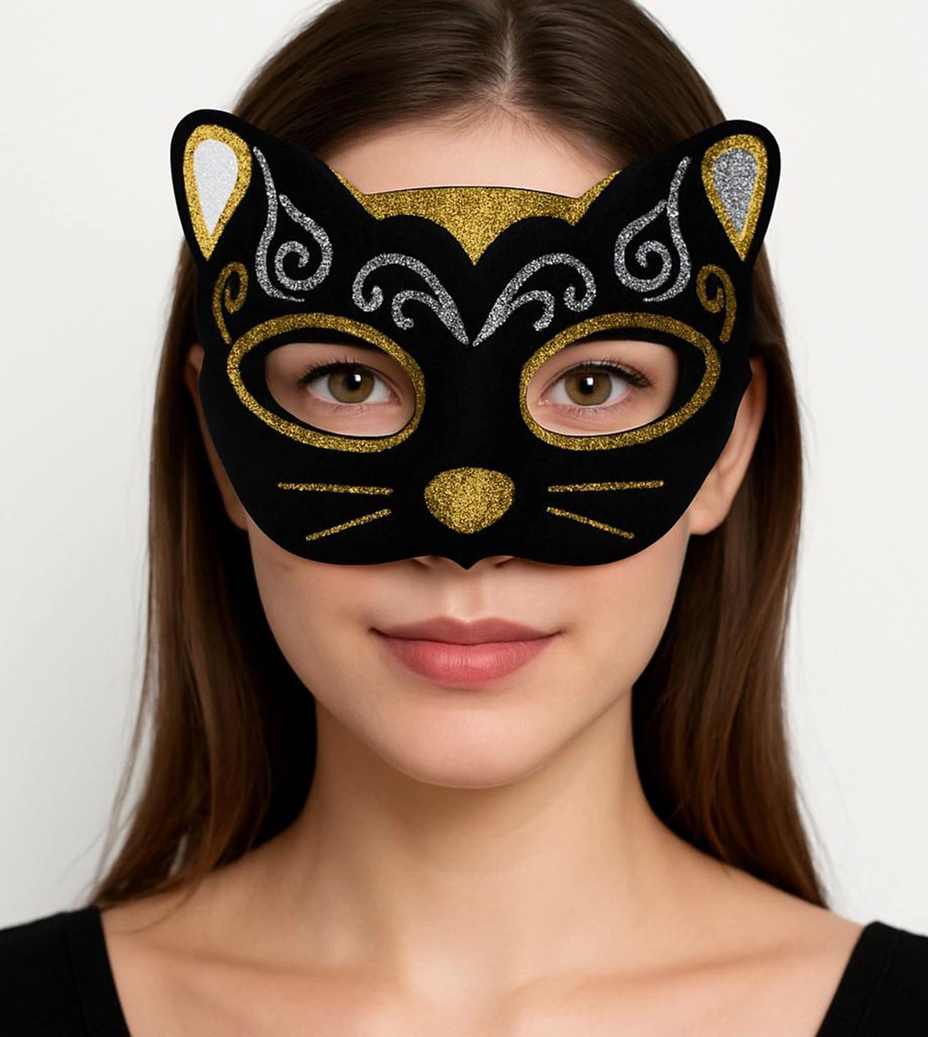 Kadife Dokulu Sim Detaylı Işıltılı Kedi Maskesi Altın Gümüş 20x13 Cm - Lisinya