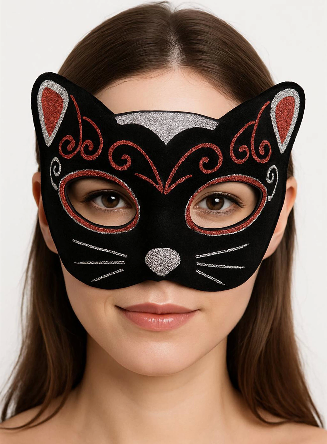 Kadife Dokulu Sim Detaylı Işıltılı Kedi Maskesi Kırmızı Gümüş 20x13 Cm - Lisinya
