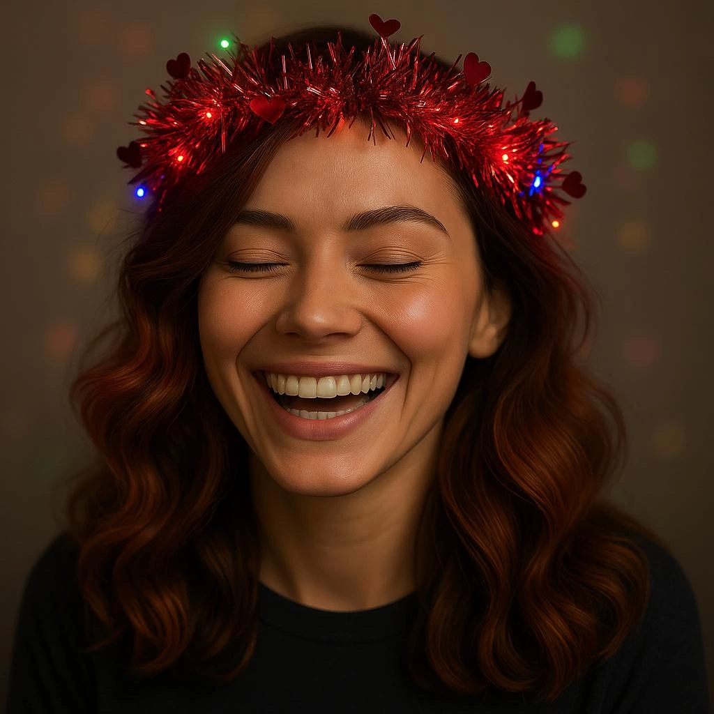 Kalp Püsküllü Gece Parıltısı 3 Modlu Led39li Işıklı Taç Kırmızı Renk - Lisinya