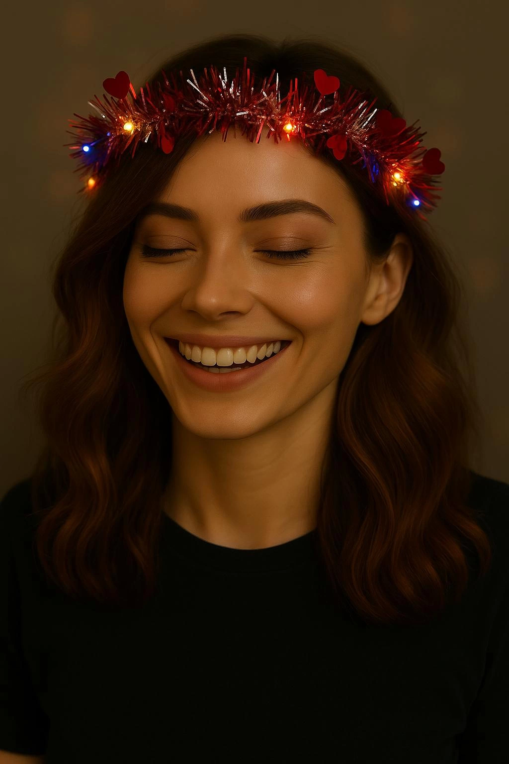 Kalp Püsküllü Gece Parıltısı 3 Modlu Led39li Işıklı Taç Kırmızı Renk - Lisinya