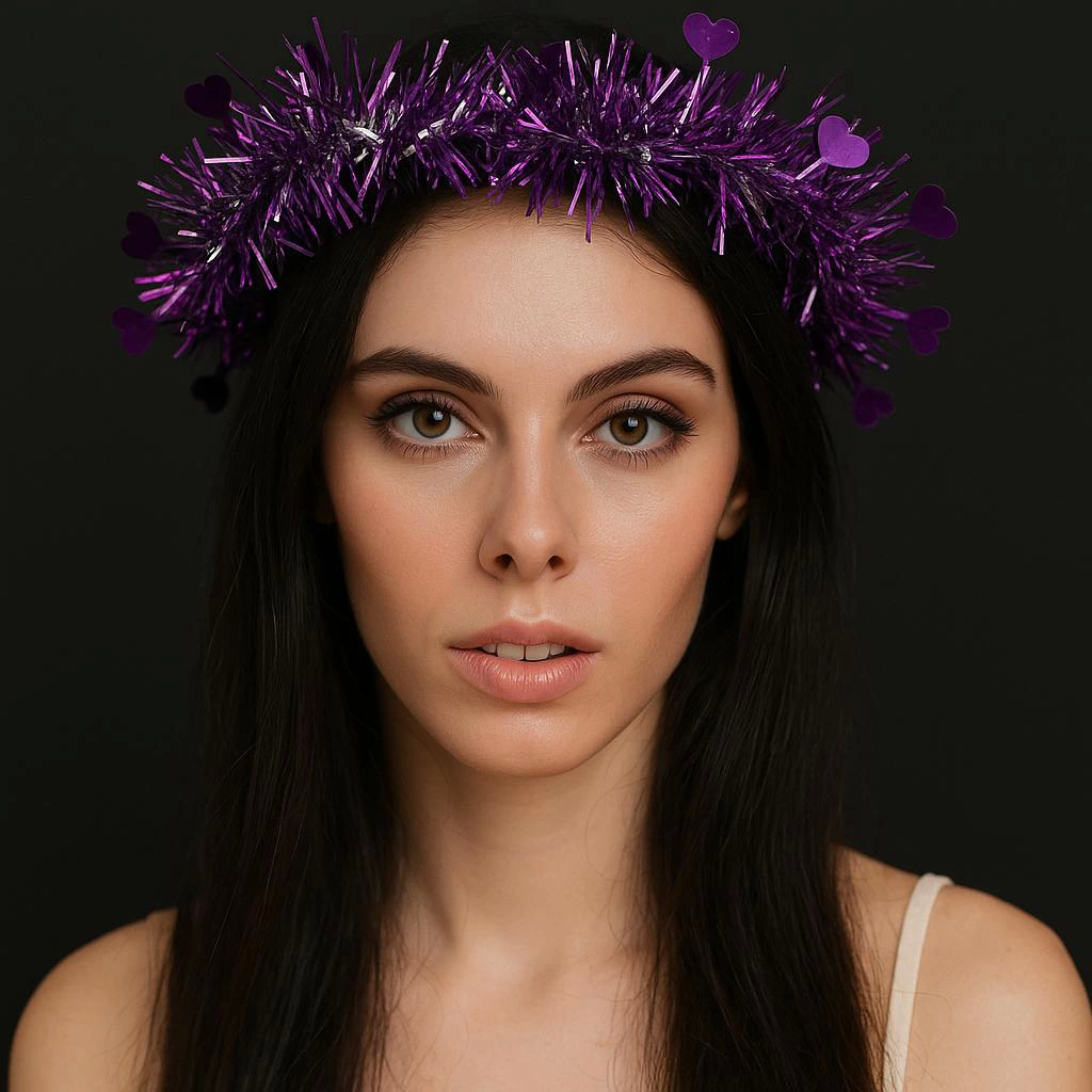 Kalp Püsküllü Gece Parıltısı 3 Modlu Led39li Işıklı Taç Mor Renk - Lisinya