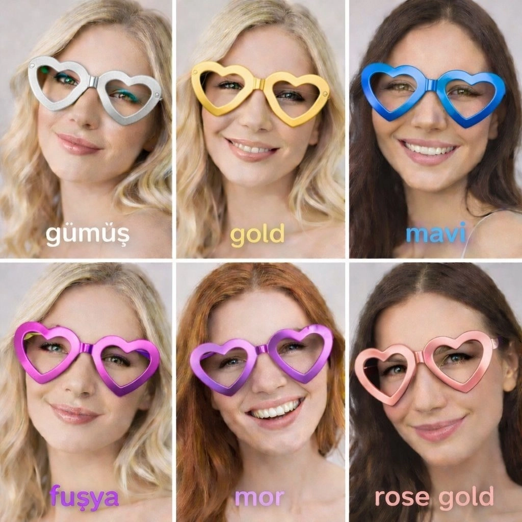 Kalp Şekilli Parti Gözlüğü 12 Adet – 6 Renk ( Camsız ) - Lisinya