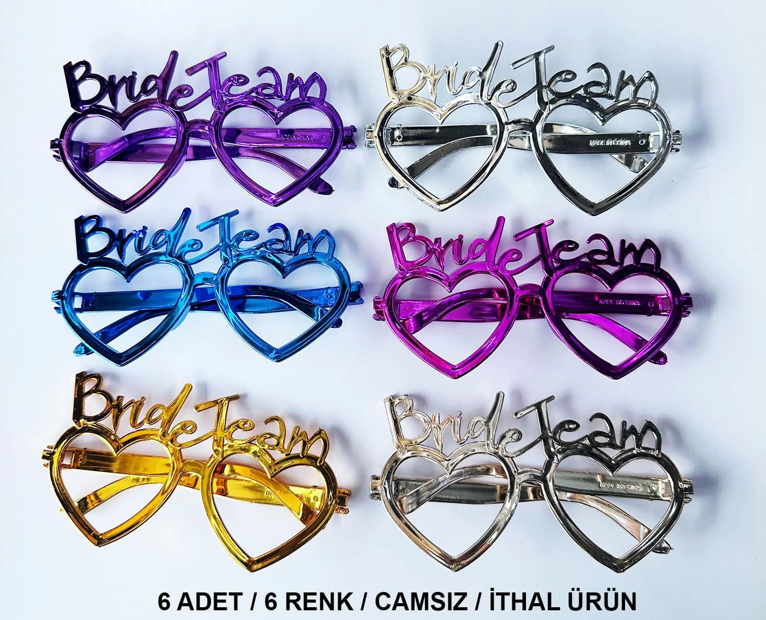 Kalpli Bride Team Gözlük Seti 6 Renk - Kına  Düğün Partileri İçin - Lisinya